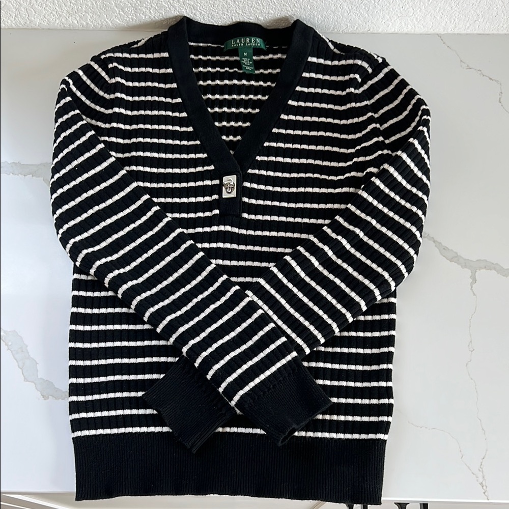 Ralph Lauren Black and White Striped Women’s Sweater Medium
